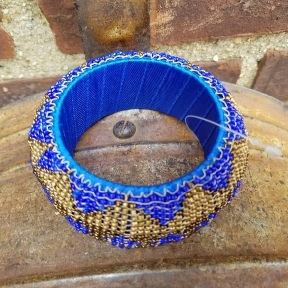 Beaded  blue‎ / gold Tribal bangle New - Picture 5 of 7